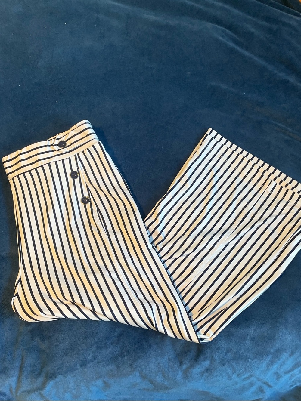 Robert Louis Navy & White Striped Cropped Pants with Button Front